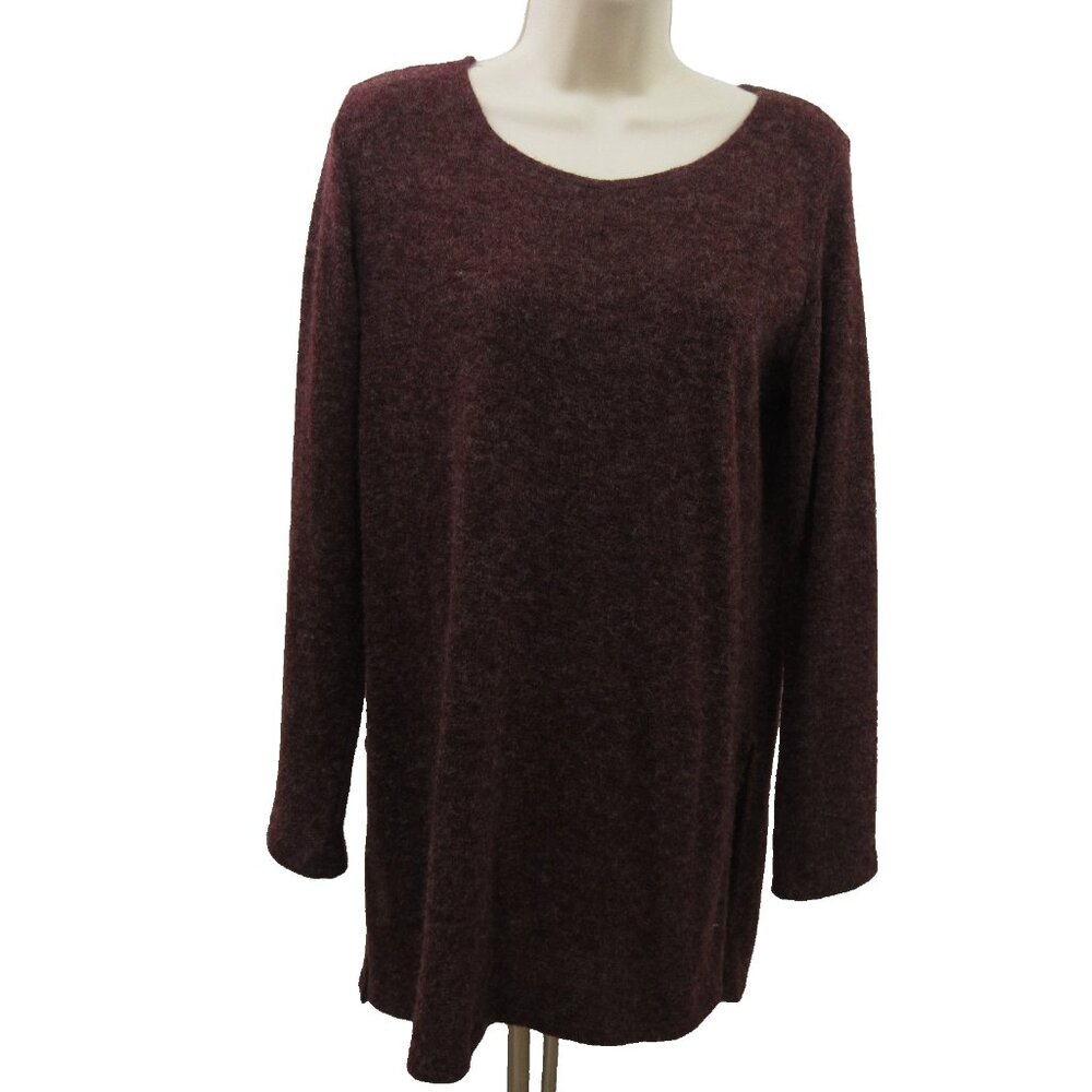 SJS Women Sweater Sz Medium Burgundy Marled Knit Tunic Long Sleeve Side Slits